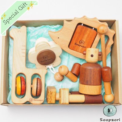 画像1: 赤ちゃん おもちゃ ギフトセット  ファーストステップ４点セット 出産祝い 天然素材 男の子 女の子 木製 知育玩具