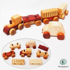 画像1: 木のおもちゃ 赤ちゃん 知育おもちゃ 汽車遊びセット 磁石連結 のりものおもちゃ 名入れチャームプレゼント (1)