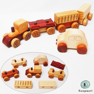 画像1: [アウトレット特別価格] 木製 汽車セット 磁石連結 のりものおもちゃ ミニカー入り