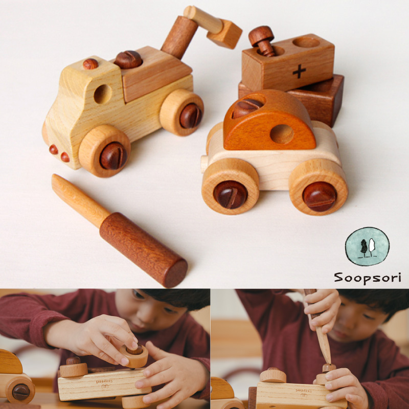 木のおもちゃ 知育玩具 磁石・ボルト・ひも遊び 工具で 組立あそびセット 車2個セット ボルトとドライバーで車を作ろう！ スプソリ SOOPSORI  すぷそり