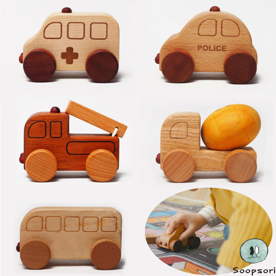 画像1: 木のおもちゃ 車 赤ちゃん おもちゃ ミニカー 5個セット 働く車シリーズ  パトカー 消防車 救急車 ミキサー車 バス 名入れチャームプレゼント (1)